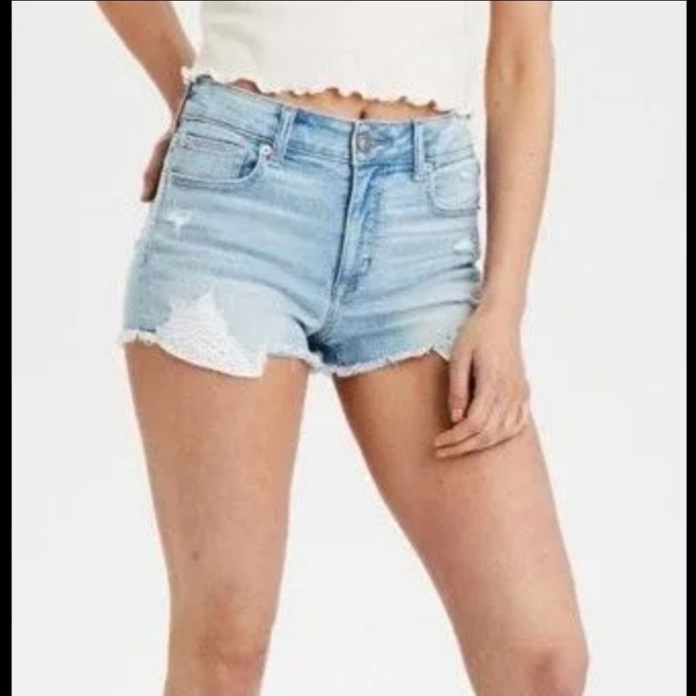 American Eagle super stretch hi-rise shortie jean shorts lace pockets 00